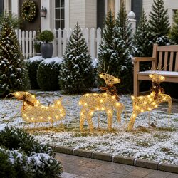 Christmas Decoration: Gold Reindeer Sleigh with 60 LEDs
