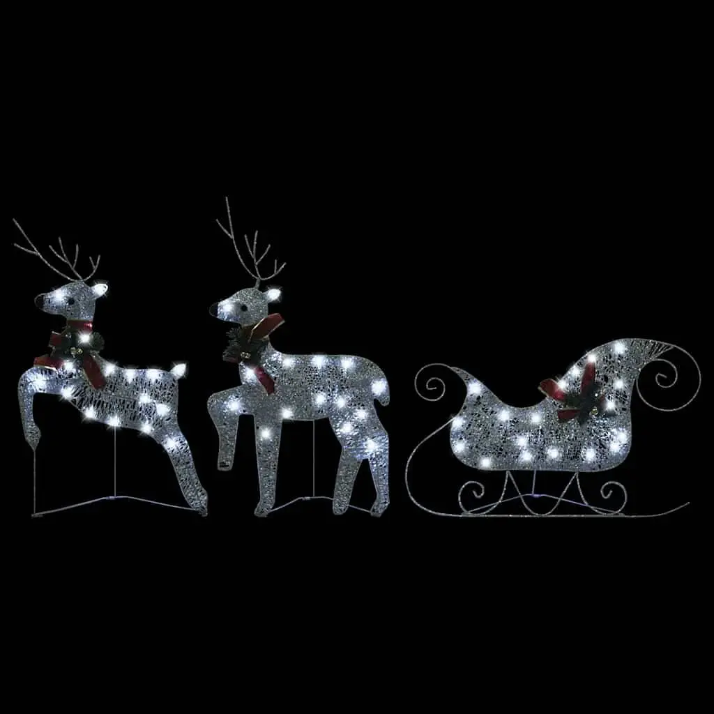 Reindeer Sleigh Decoration for Outdoor Garden Indoor Use 60 LED Lights Silver Mesh