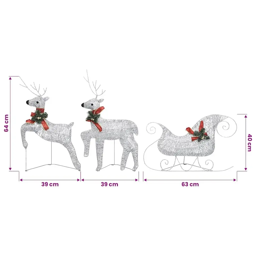 Reindeer Sleigh Decoration for Outdoor Garden Indoor Use 60 LED Lights Silver Mesh