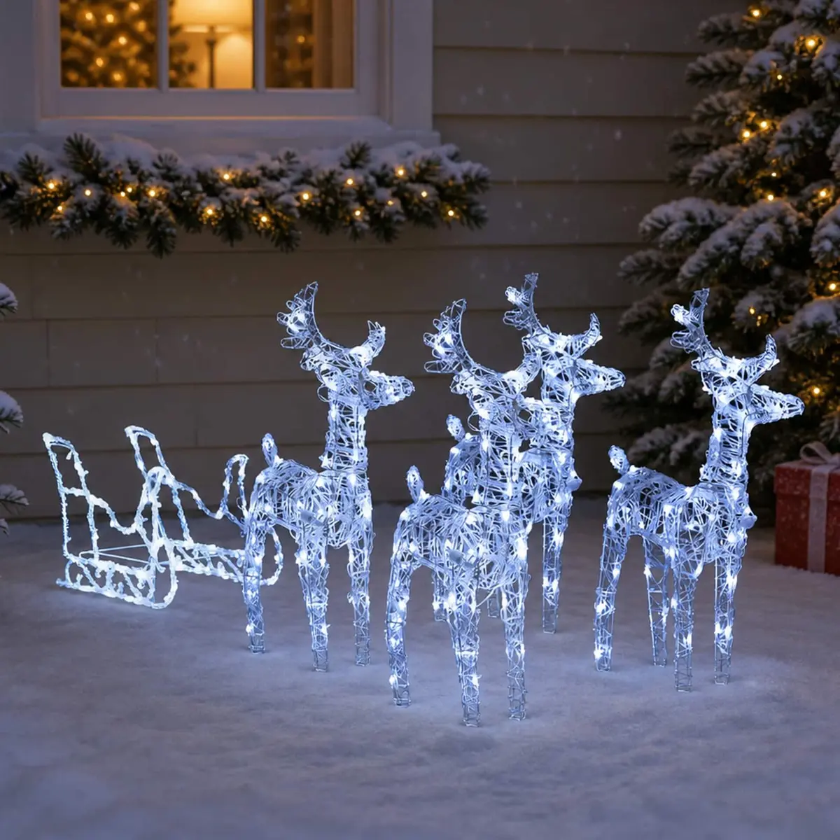 Christmas Reindeer Sleigh Decoration Cold White LED Lights Garden Outdoor Yard