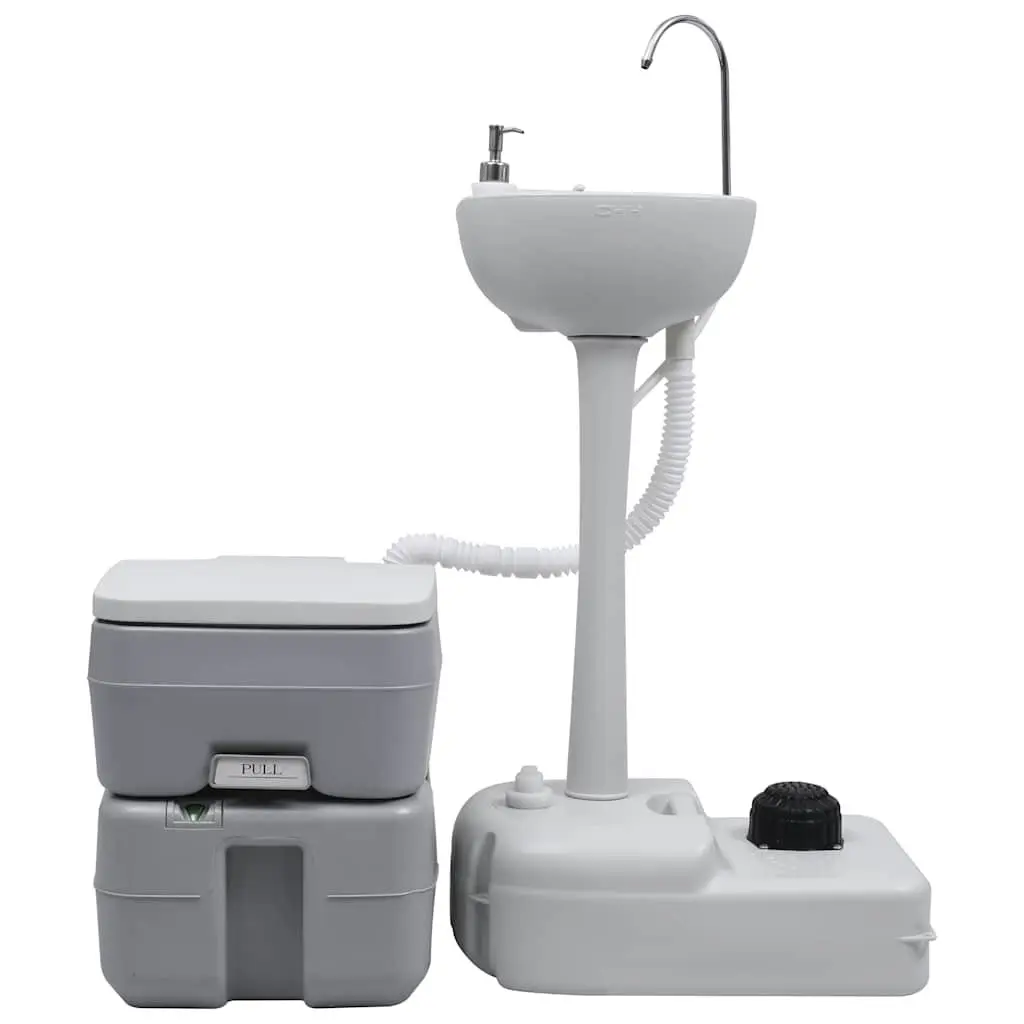 Portable Camping Toilet Handwash Stand Set Grey Outdoor 20 Litre Waste Tank 10 Litre Fresh Water Tank 17 Litre Handwash Tank