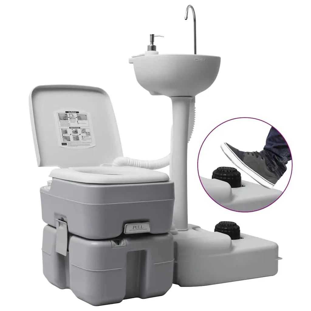 Portable Camping Toilet Handwash Stand Set Grey Outdoor 20 Litre Waste Tank 10 Litre Fresh Water Tank 17 Litre Handwash Tank