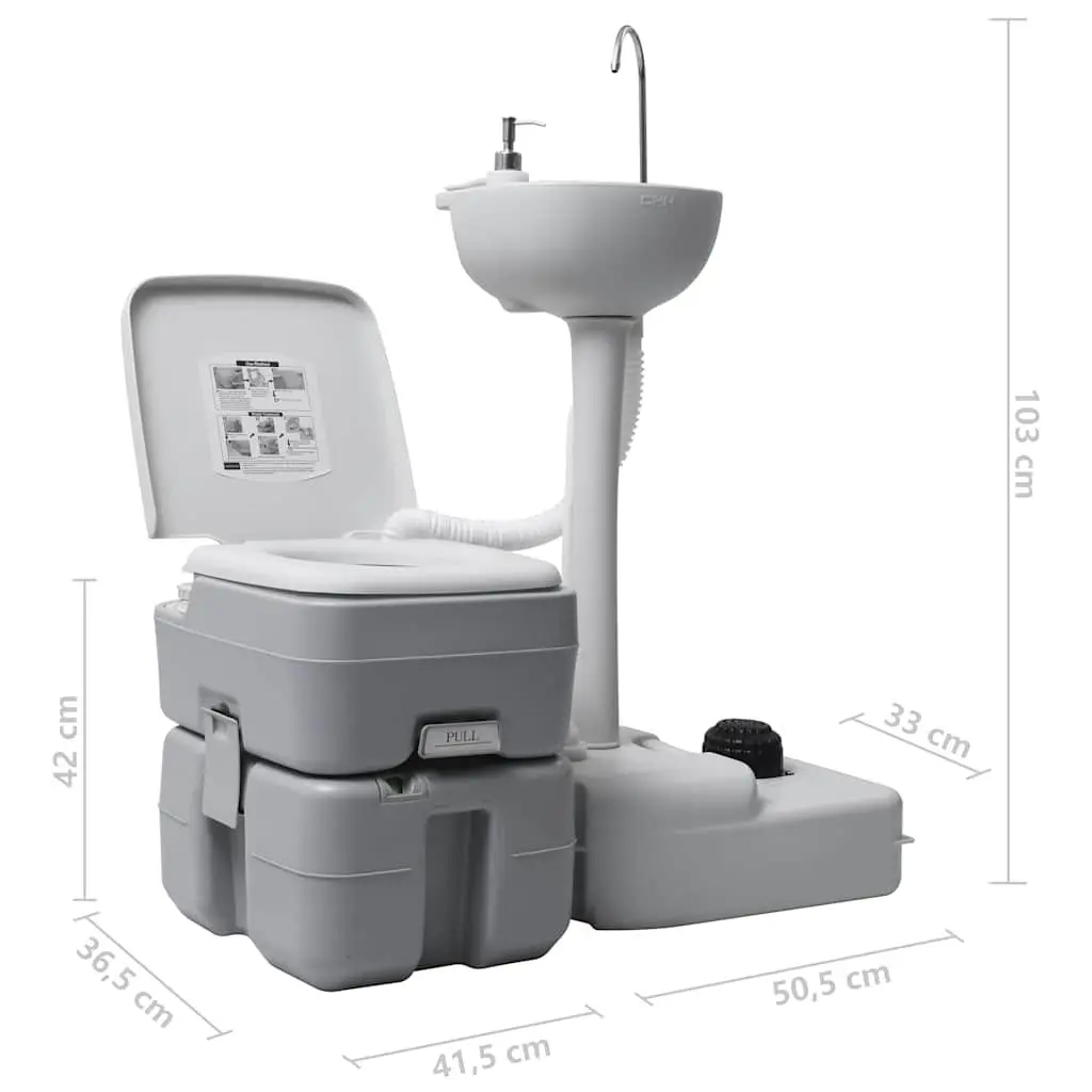 Portable Camping Toilet Handwash Stand Set Grey Outdoor 20 Litre Waste Tank 10 Litre Fresh Water Tank 17 Litre Handwash Tank
