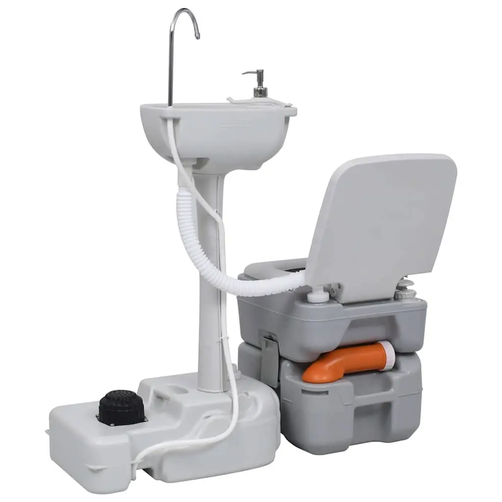Portable Camping Toilet Handwash Stand Set Grey Outdoor 20 Litre Waste Tank 10 Litre Fresh Water Tank 17 Litre Handwash Tank