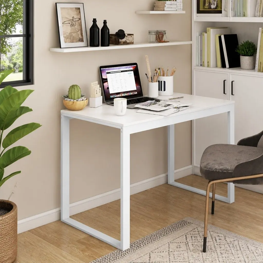 White Computer Desk 110x60x73 cm Spacious Work Surface Home Office Workstation Sturdy Engineered Wood and Metal Frame