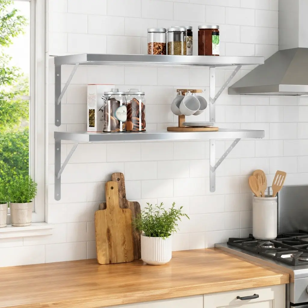 Wall Shelves Living Room Bedroom Office 75x40 cm Silver Stainless Steel Floating Mounted Storage