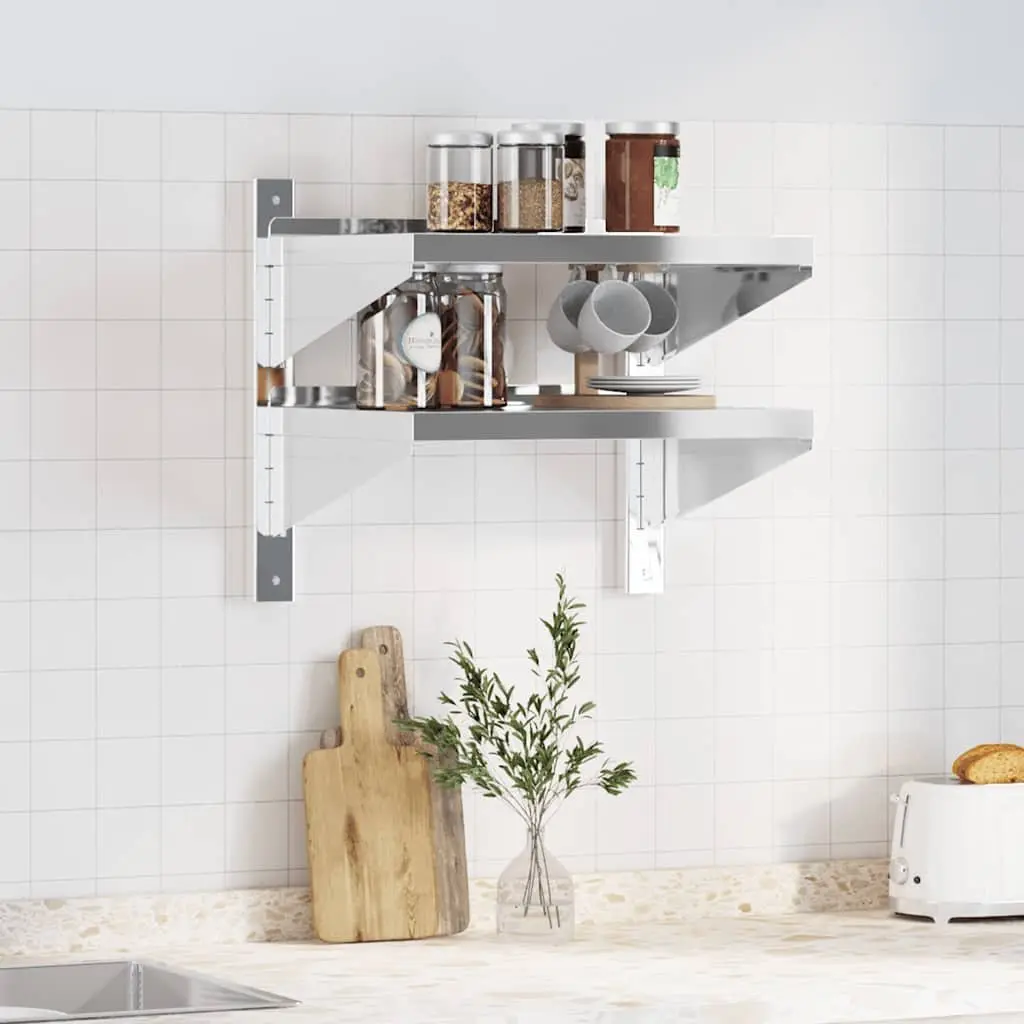 2-Tier Wall Shelf Silver Stainless Steel Floating Storage Kitchen Bathroom