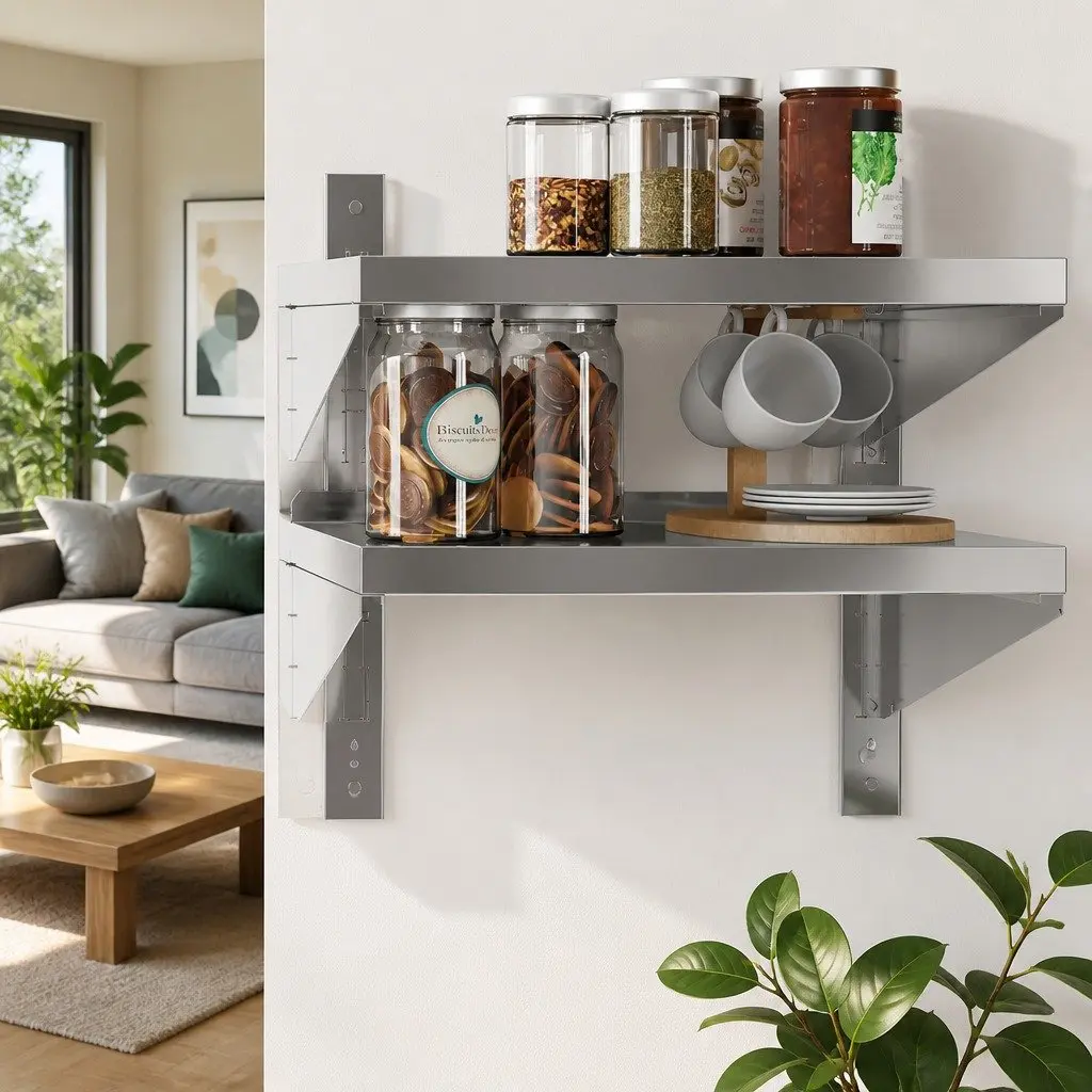 2-Tier Wall Shelf for Living Room Kitchen Bedroom Silver Stainless Steel Floating Storage Shelving Unit