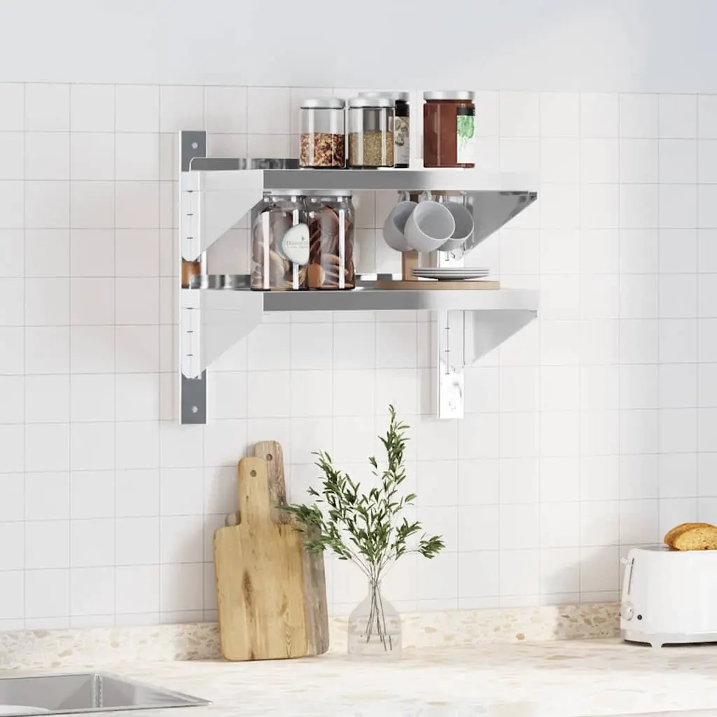 2-Tier Wall Shelf for Living Room Kitchen Bedroom Silver Stainless Steel Floating Storage Shelving Unit
