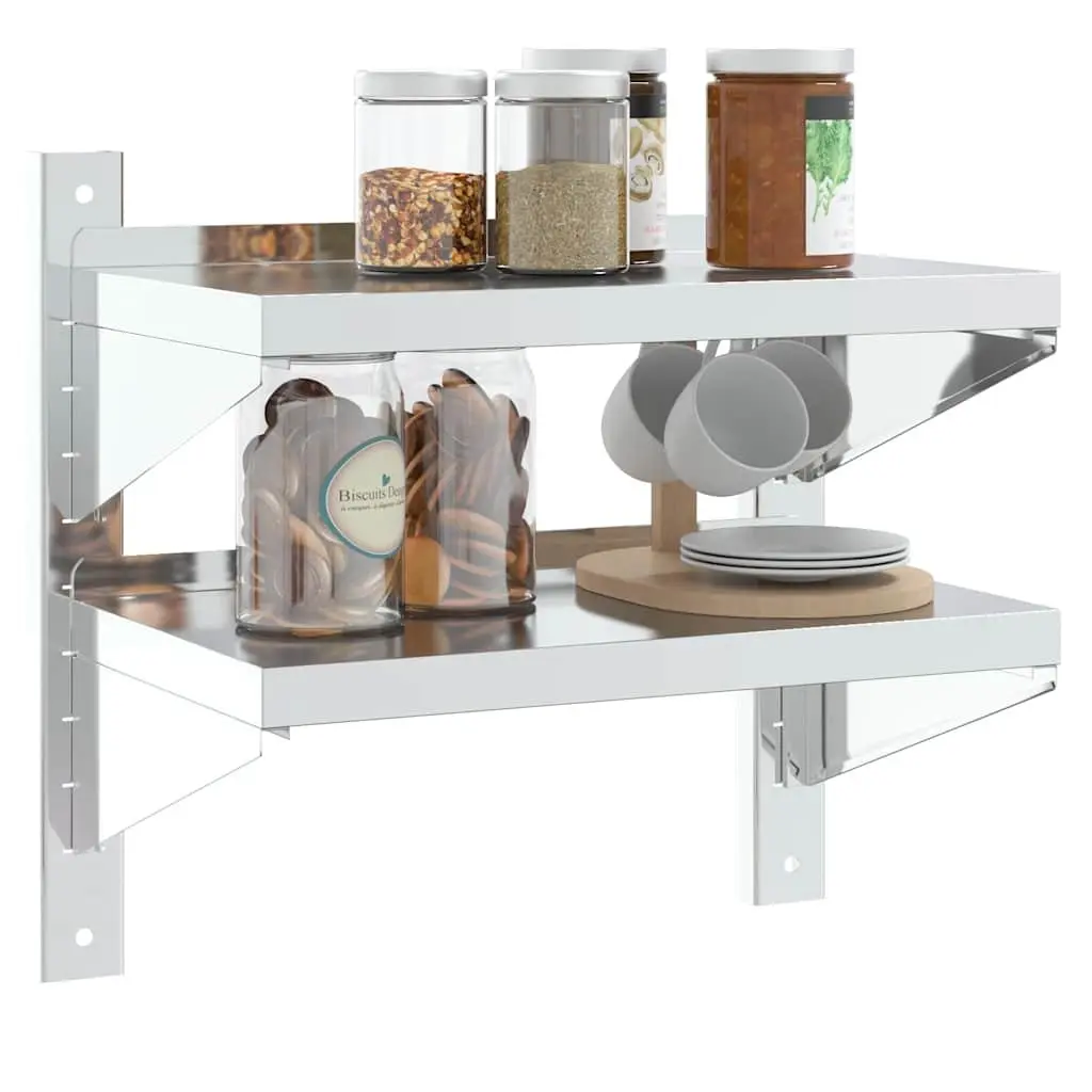 2-Tier Wall Shelf for Living Room Kitchen Bedroom Silver Stainless Steel Floating Storage Shelving Unit