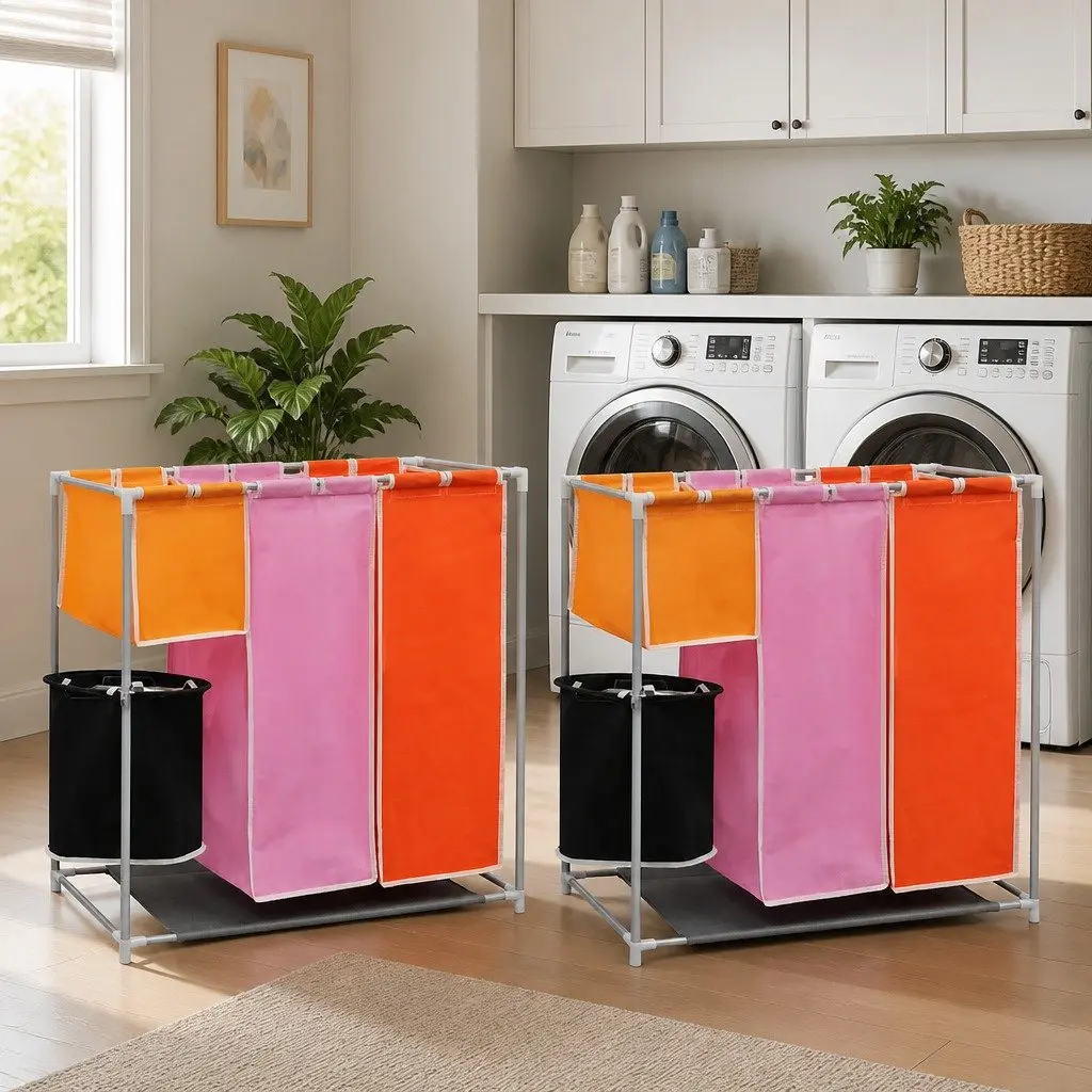 3-Section Laundry Sorter Hamper with Washing Bin Multicolour Organiser 2 Pack