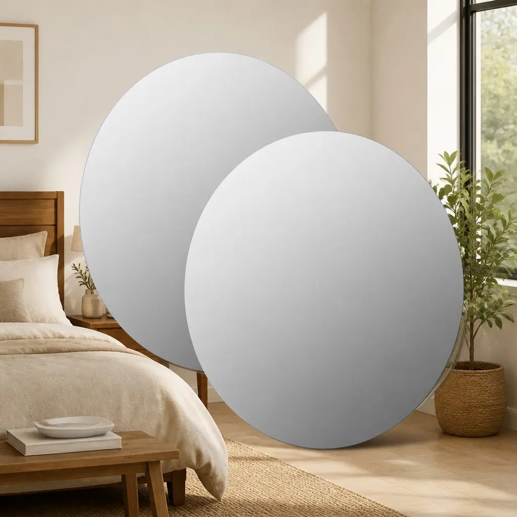 Round Wall Mirror 60 cm Silver Glass Bedroom Living Room Decor Set of 2