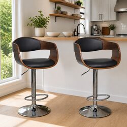 Set of 2 Bar Stools: Black Bent Wood & Faux Leather
