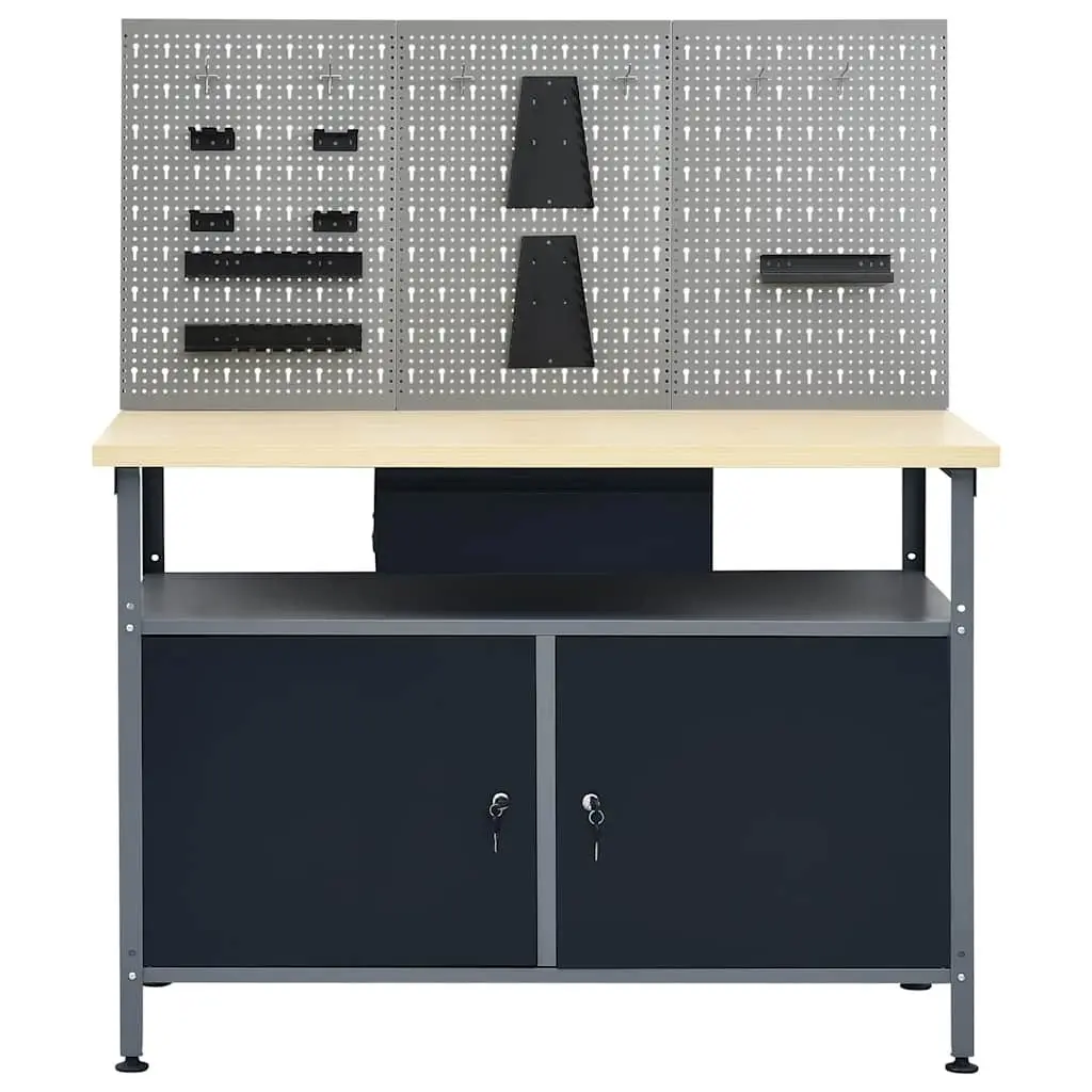 Workbench with 3 Wall Panels for Workshop Black Steel Storage Tool Organization