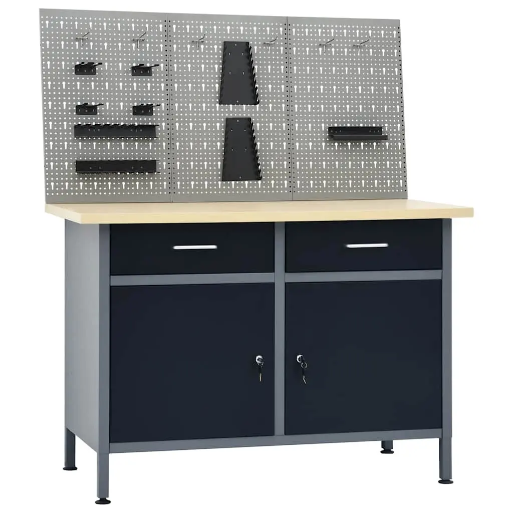 Workbench with 3 Wall Panels Grey Steel Storage Shelves Drawers Garage Workshop