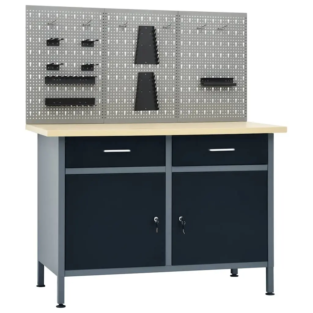 Workbench with 3 Wall Panels Grey Steel Storage Shelves Drawers Garage Workshop