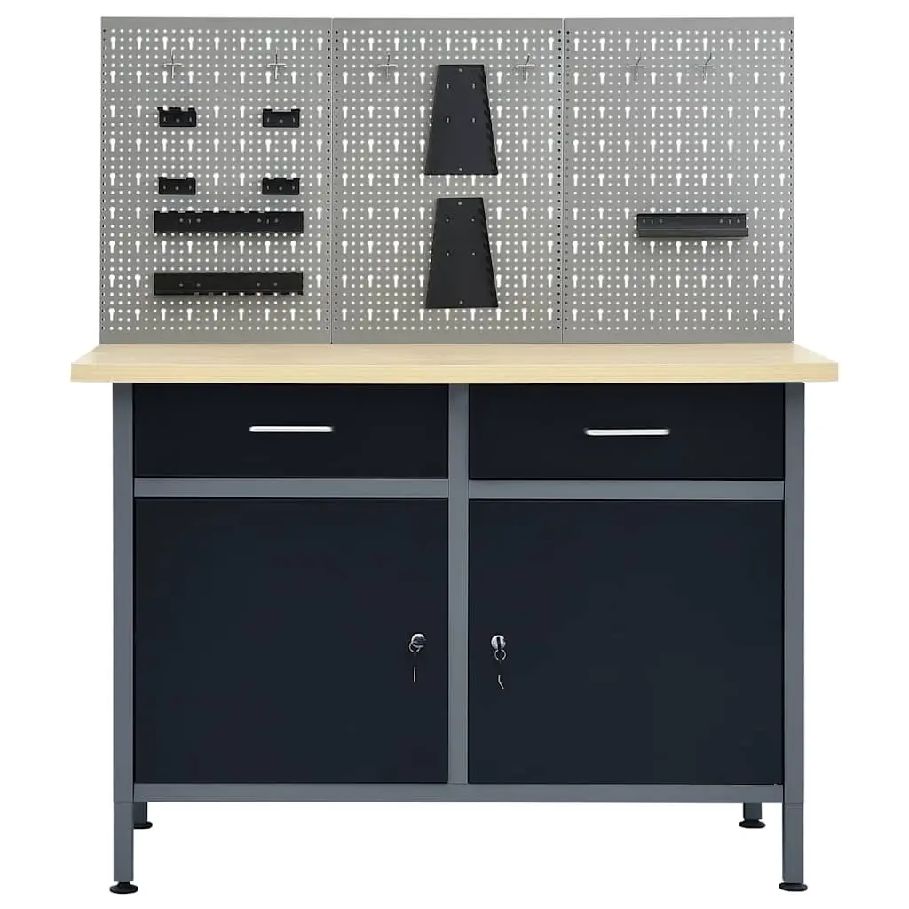 Workbench with 3 Wall Panels Grey Steel Storage Shelves Drawers Garage Workshop