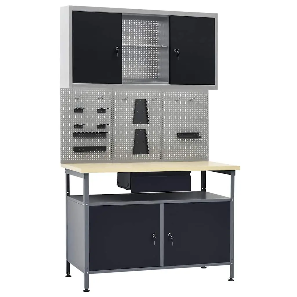Black Workbench with 3 Wall Panels Cabinet Storage Organisation Workshop Garage
