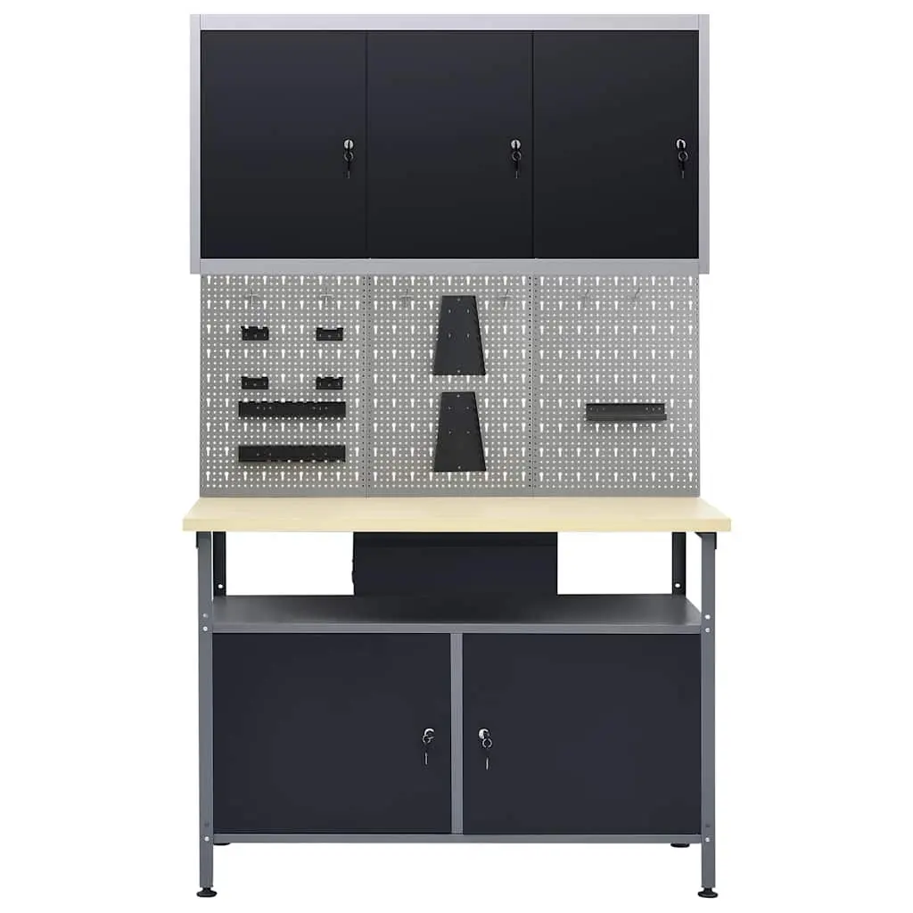 Black Steel Workbench with Wall Panels Cabinet Garage Workshop Storage Solution