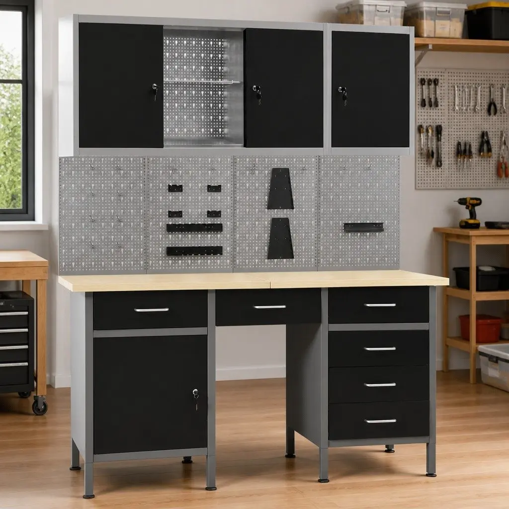 Workbench with Four Tool Panels and Two Lockable Cabinets