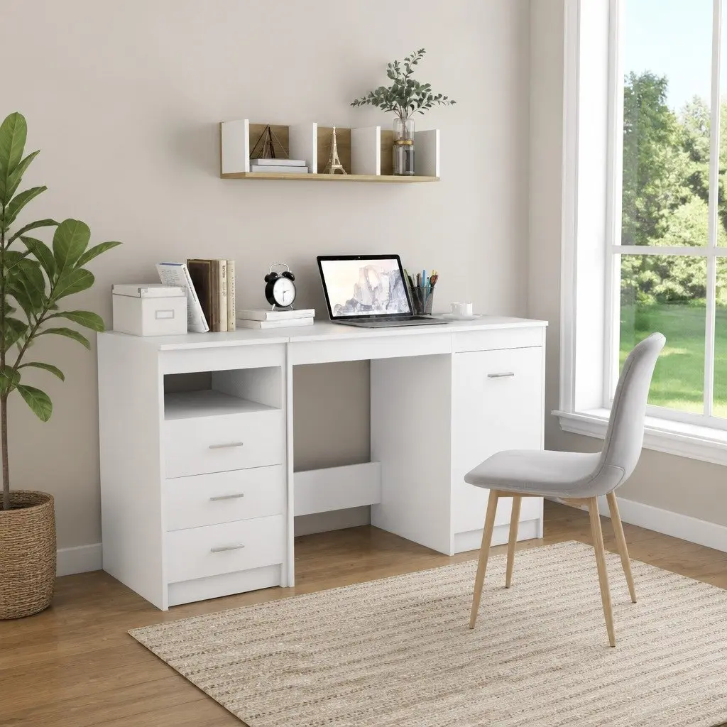 Office Desk for Home Office 140 x 50 x 76 cm White Engineered Wood with Storage Drawers and Door