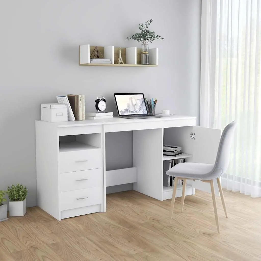 Office Desk for Home Office 140 x 50 x 76 cm White Engineered Wood with Storage Drawers and Door