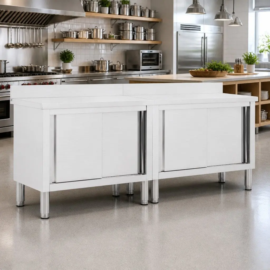 Stainless Steel Work Tables with Sliding Doors Storage 200x50cm Commercial