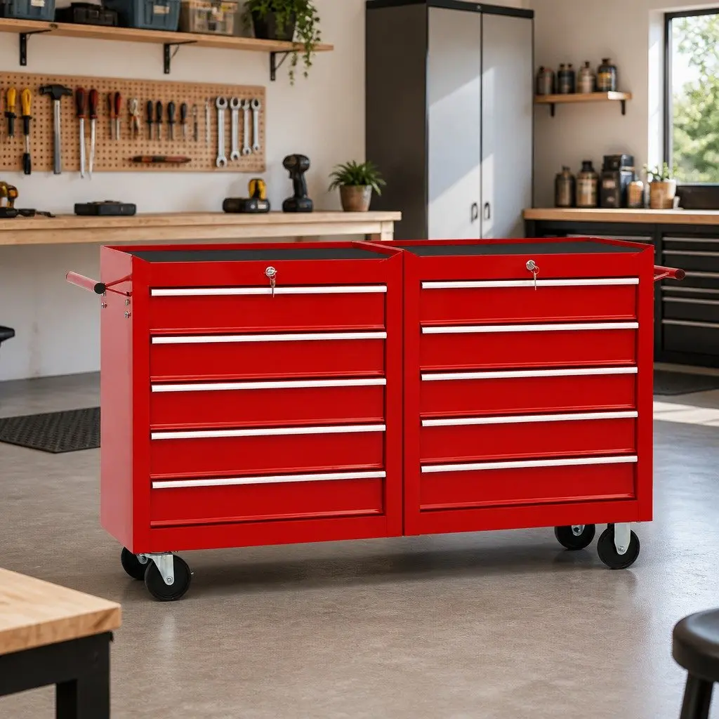 Tool Trolley for Workshop or Garage 10 Drawer Steel Storage Cabinet Red