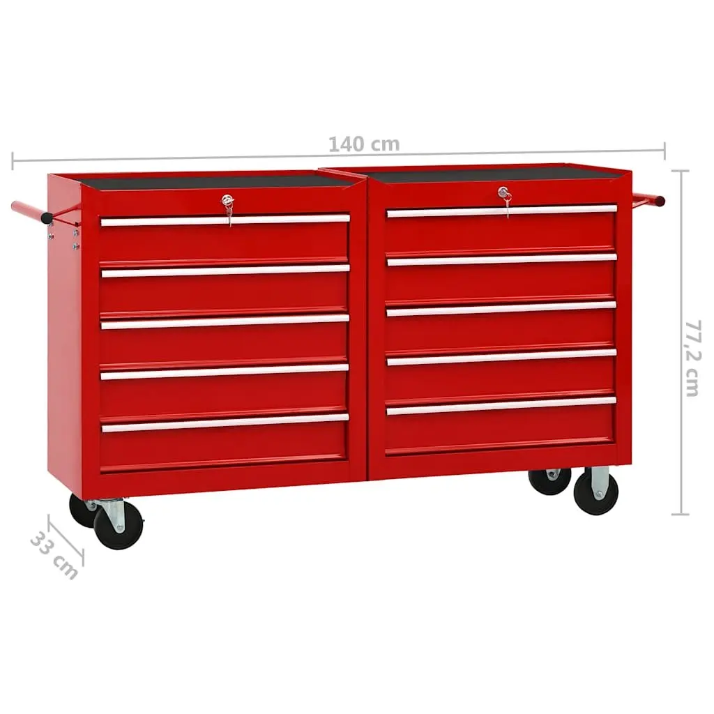 Tool Trolley for Workshop or Garage 10 Drawer Steel Storage Cabinet Red