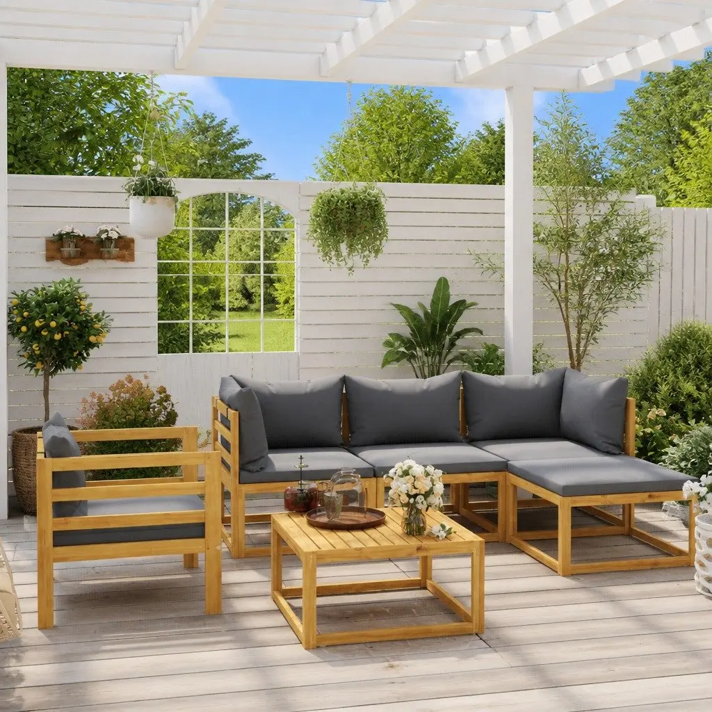 Modular 6 Piece Outdoor Acacia Wood Garden Lounge Set with Coffee Table and Cushions