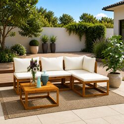 5 Piece Outdoor Lounge Set: Acacia Wood & Cushions