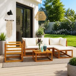 Garden Lounge Set: 6 Pieces, Solid Acacia Wood, Cream