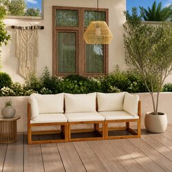 3-Seater Garden Sofa with Cushions Cream Solid Wood Outdoor Patio Furniture