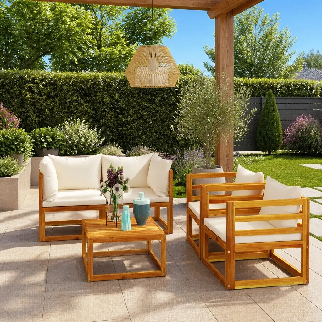 5 Piece Outdoor Lounge Set Garden Furniture Cream Sofa Coffee Table