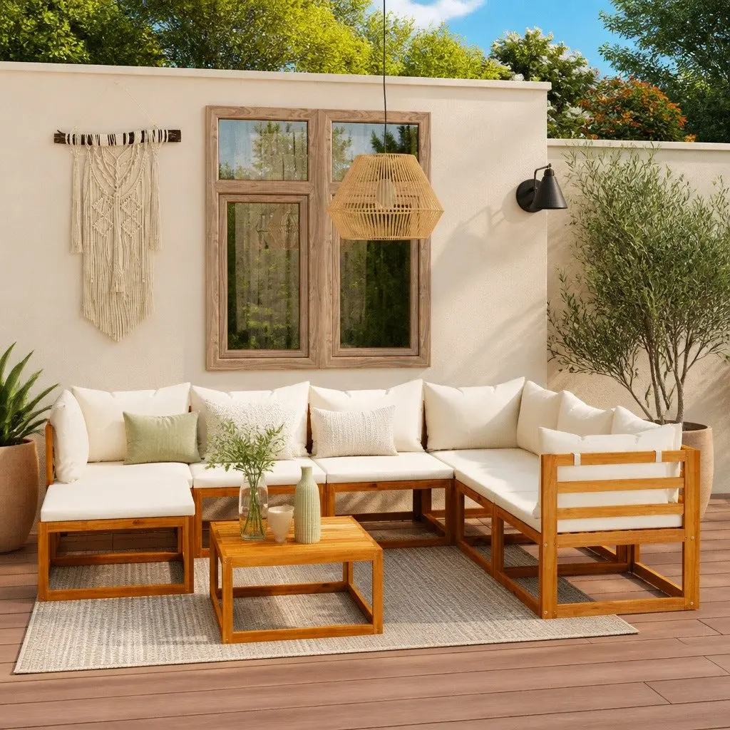8 Piece Outdoor Garden Lounge Set Solid Wood Frame Cushioned Seating Coffee