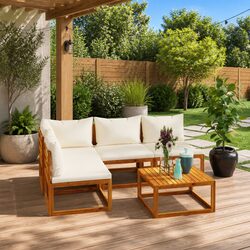 5 Piece Garden Lounge Set - Acacia Wood, Cream Cushions
