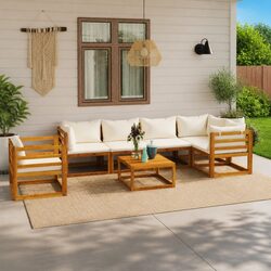7 Piece Garden Lounge Set - Acacia Wood and Cream Cushions