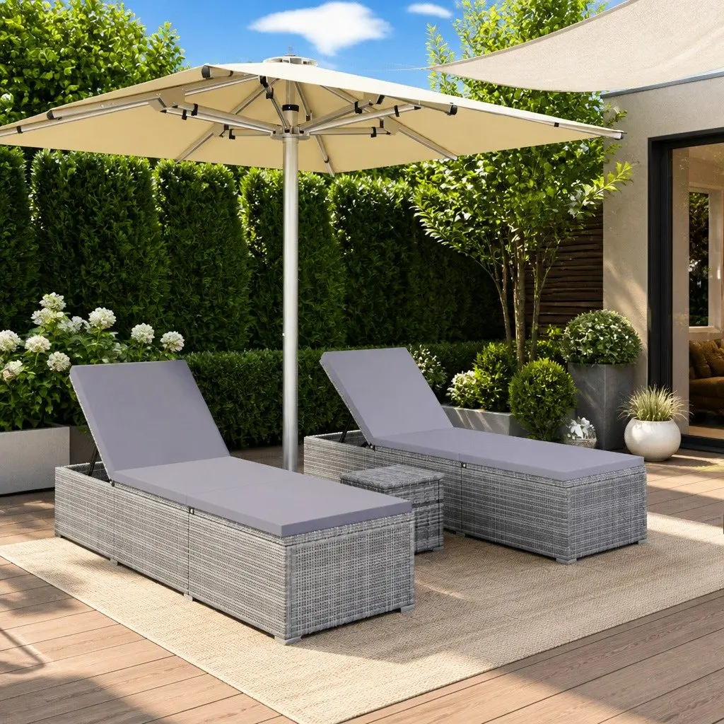 Sun Lounger Set 3 Piece Outdoor Garden Grey Chaise Lounge with Tea Table