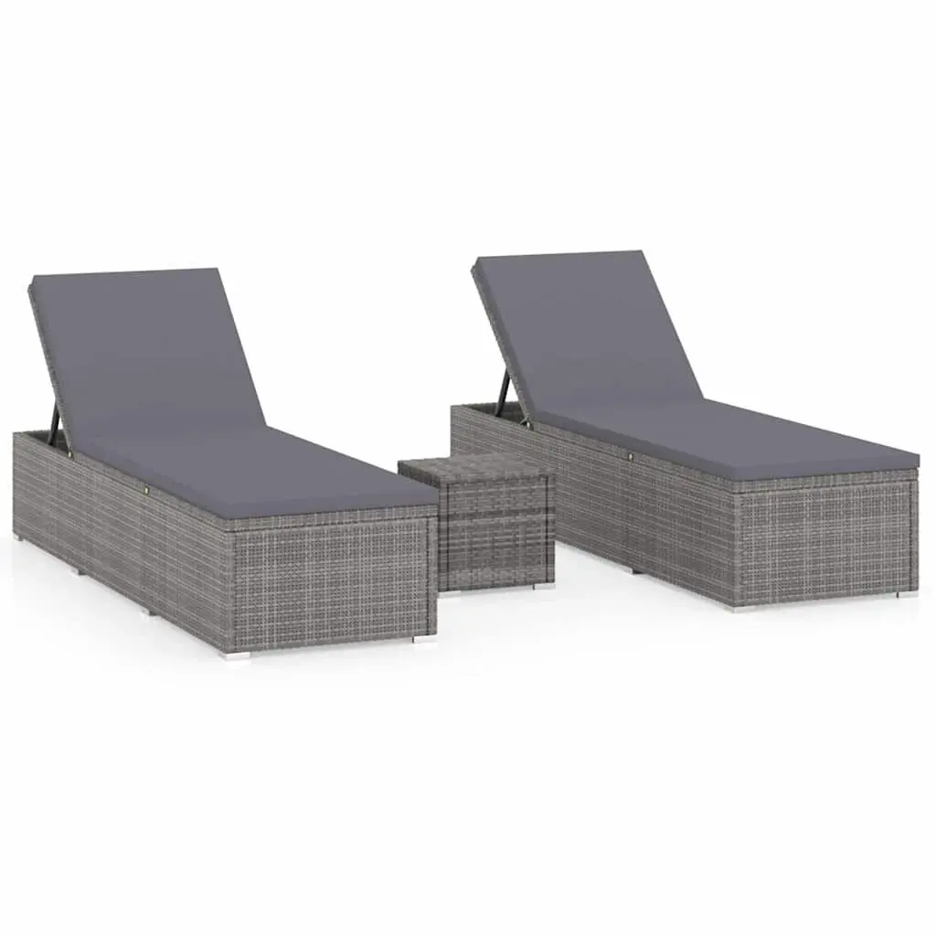Sun Lounger Set 3 Piece Outdoor Garden Grey Chaise Lounge with Tea Table