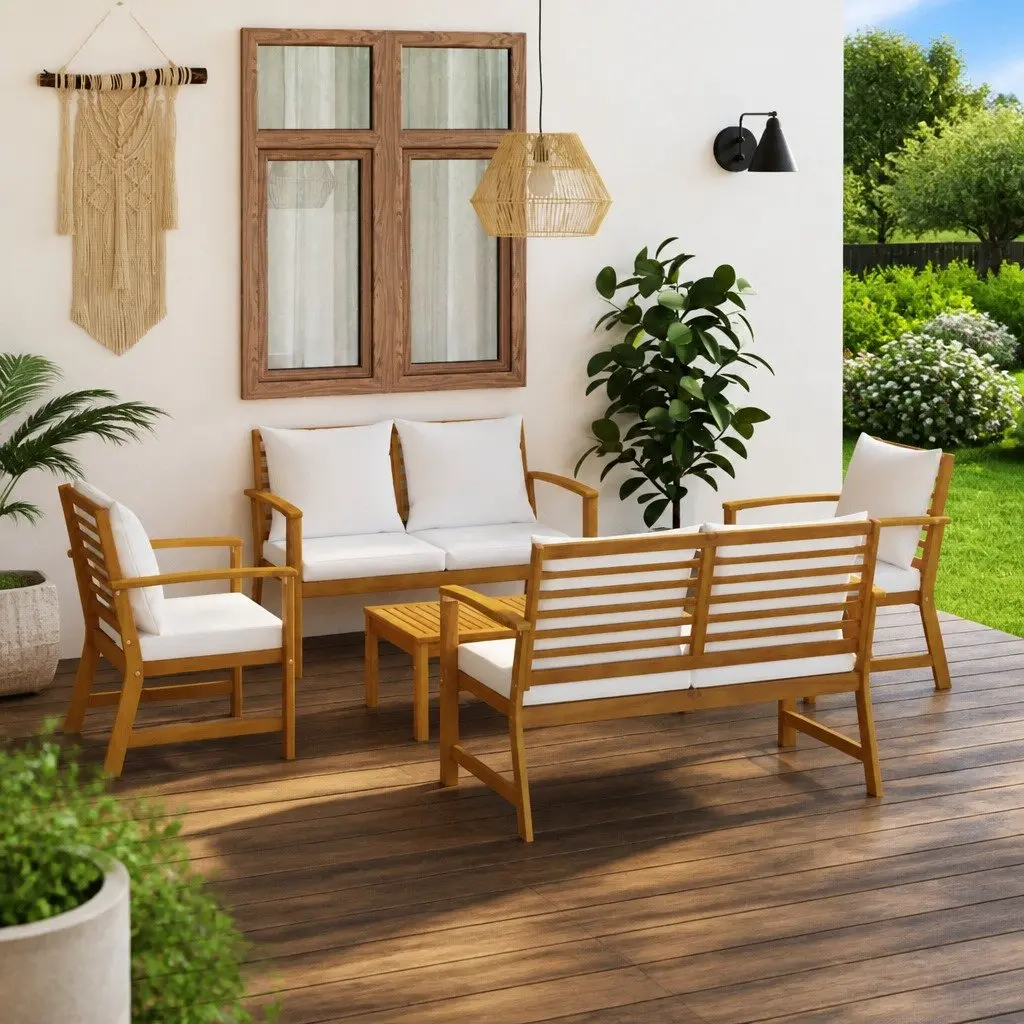 5 Piece Outdoor Lounge Set with Removable Cushions Cream Modular Sofa and Coffee Table for Garden