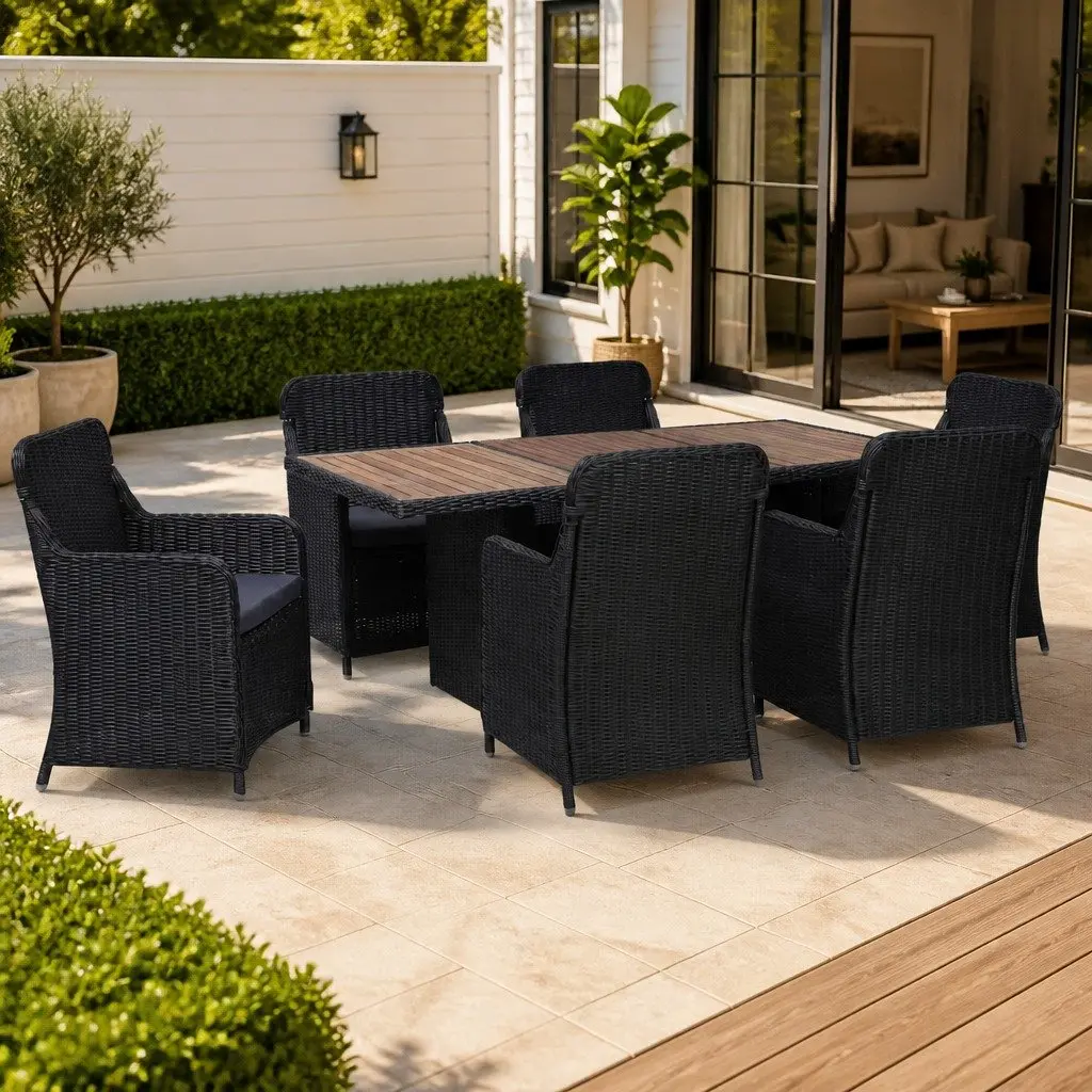 Outdoor Dining Set for Garden Patio 7 Piece Black Poly Rattan with Solid Wood Table and Steel Frame
