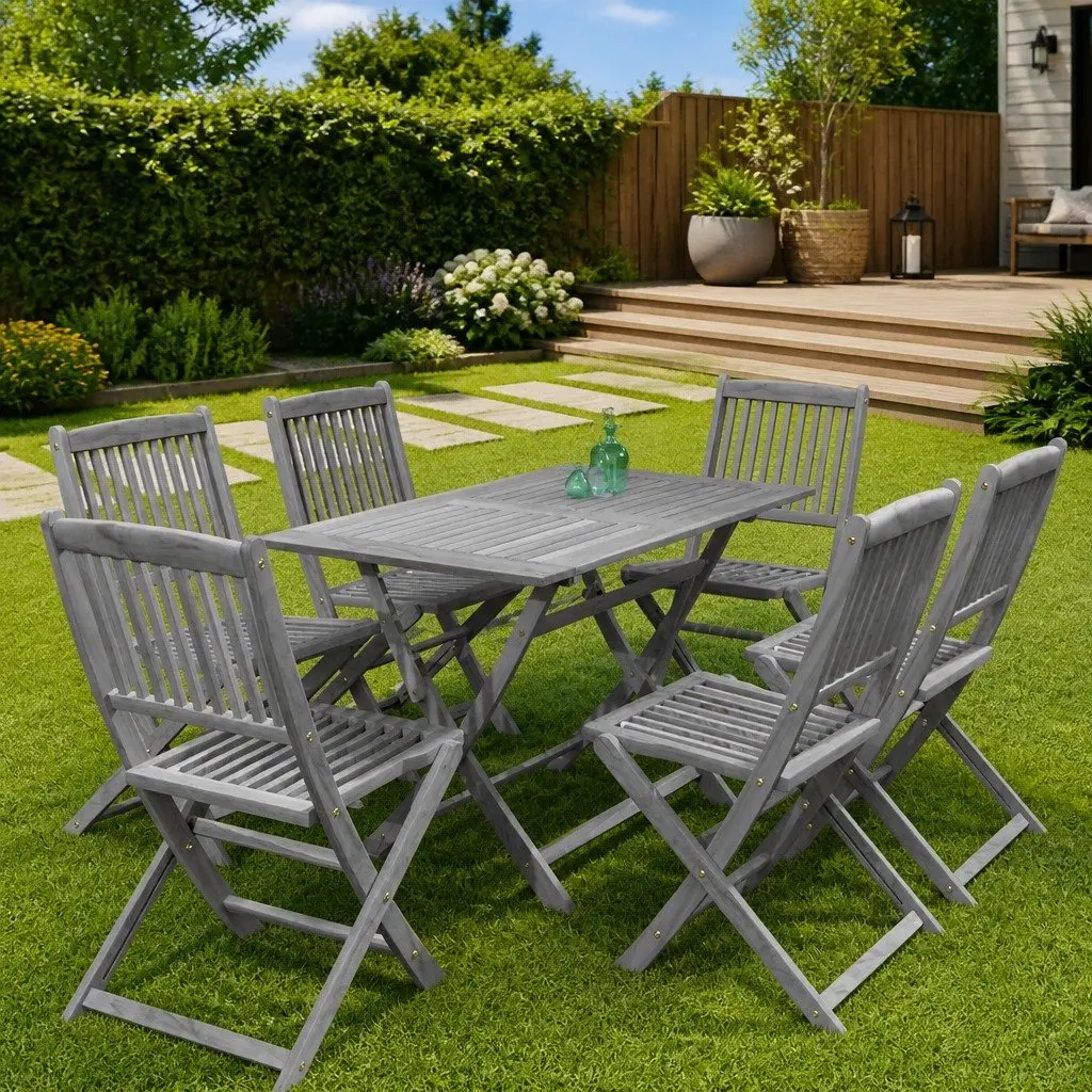 7 Piece Outdoor Dining Set Folding Garden Table Chairs Grey Acacia Wood