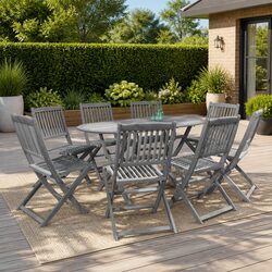 9 Piece Folding Dining Set: Acacia Wood, Grey Wash Finish