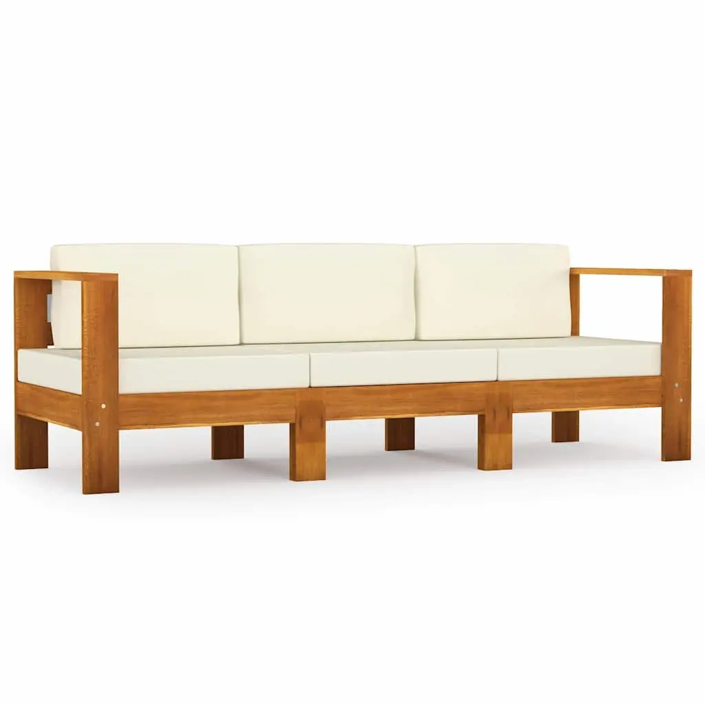 3-Seater Garden Sofa Outdoor Use Solid Acacia Wood Frame Cream Cushions