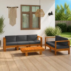 5 Piece Outdoor Furniture Set: Acacia Wood & Grey Cushions