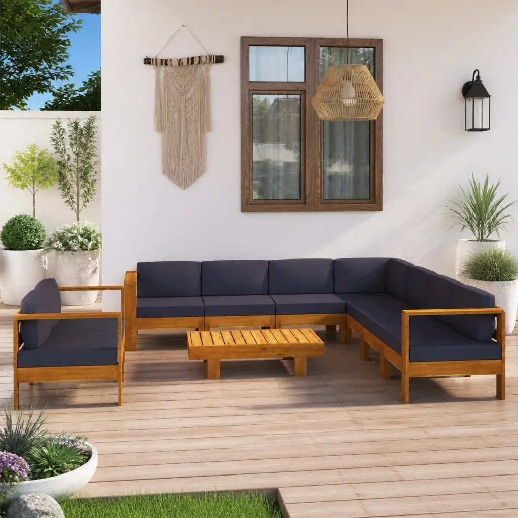 Garden Lounge Set 9 Piece Outdoor Furniture Acacia Wood Grey Cushions Patio
