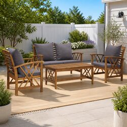 4-Piece Outdoor Furniture Set: Acacia Wood with Cushions