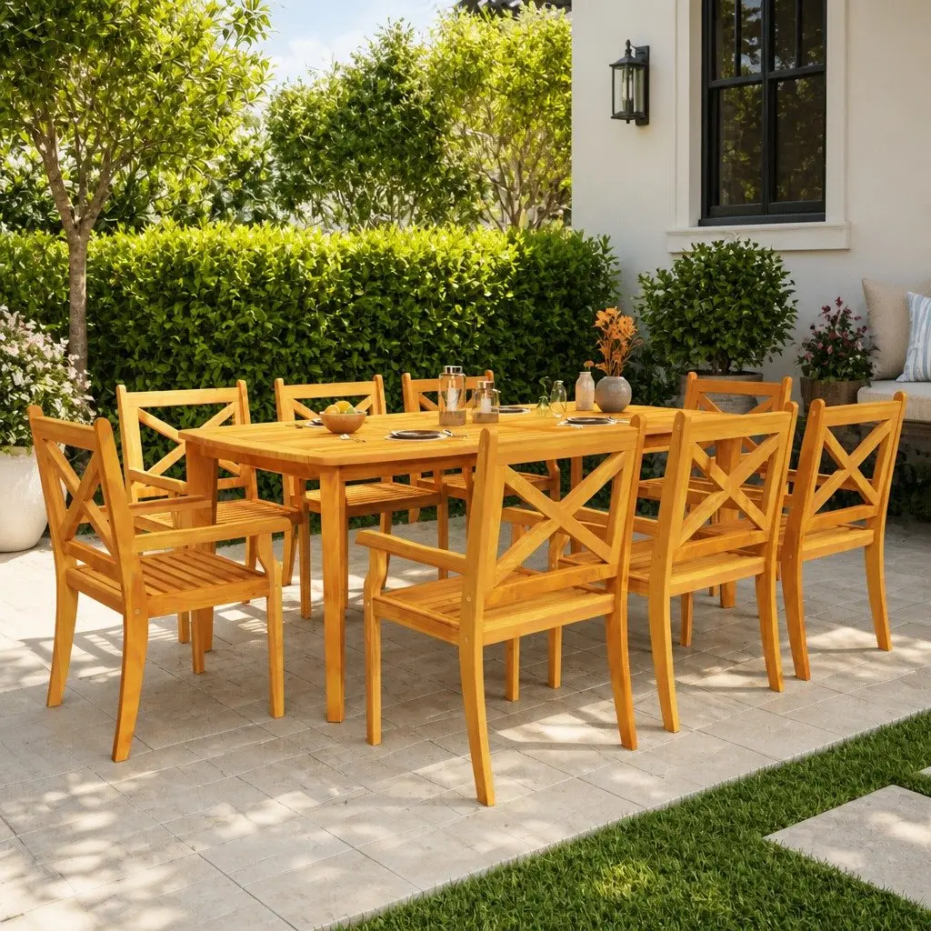 9 Piece Garden Dining Set Solid Acacia Wood Outdoor Patio Table Chairs Brown