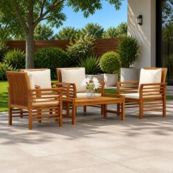 5 Piece Garden Lounge Set: Solid Acacia Wood and Cushions