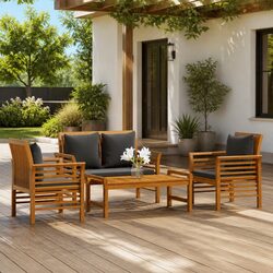 4 Piece Garden Lounge Set: Solid Acacia Wood, Brown
